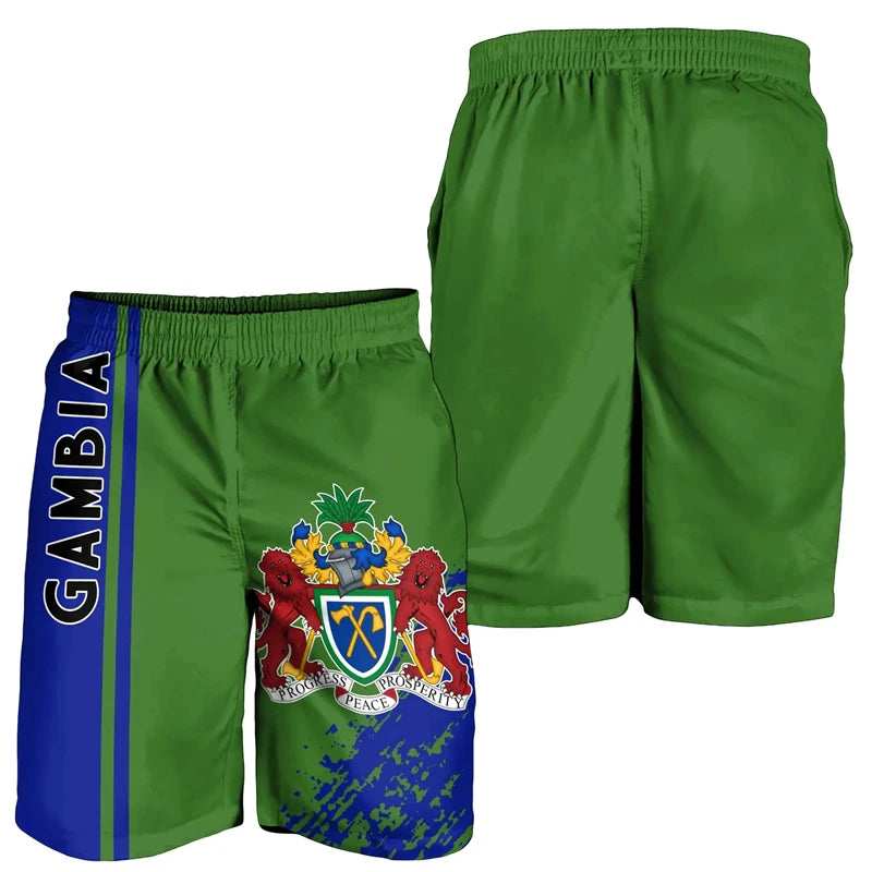 Africa Gambia Map Flag 3D Print Men Bermudas Hawaiian Boardshorts National Emblem Beach Shorts Coat Of Arms Male Short Pants