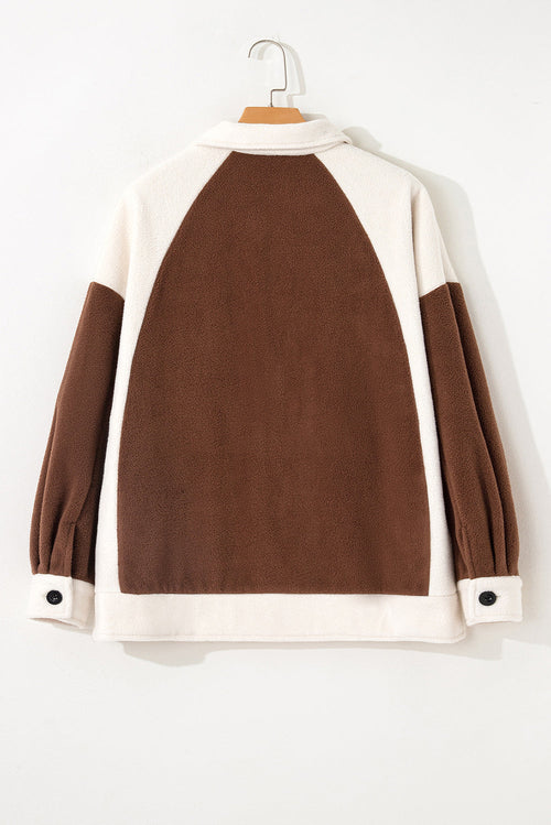Colorblock Fleece Patchwork Button Down Shacket