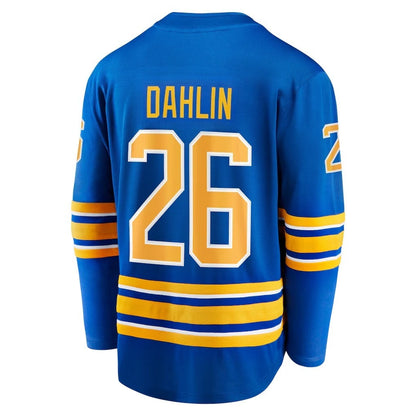 Hockey Jersey - Blue with Yellow/White Accents "Dahlin 26" Captain "C" Buffalo Bison Logo Athletic Jersey 3d HD Prints
