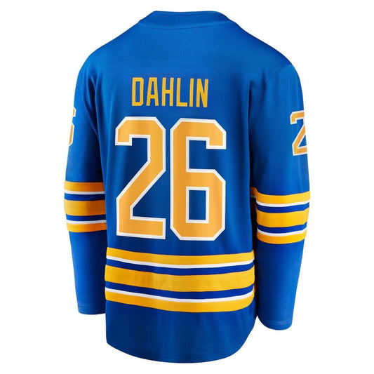 Hockey Jersey - Blue with Yellow/White Accents "Dahlin 26" Captain "C" Buffalo Bison Logo Athletic Jersey 3d HD Prints