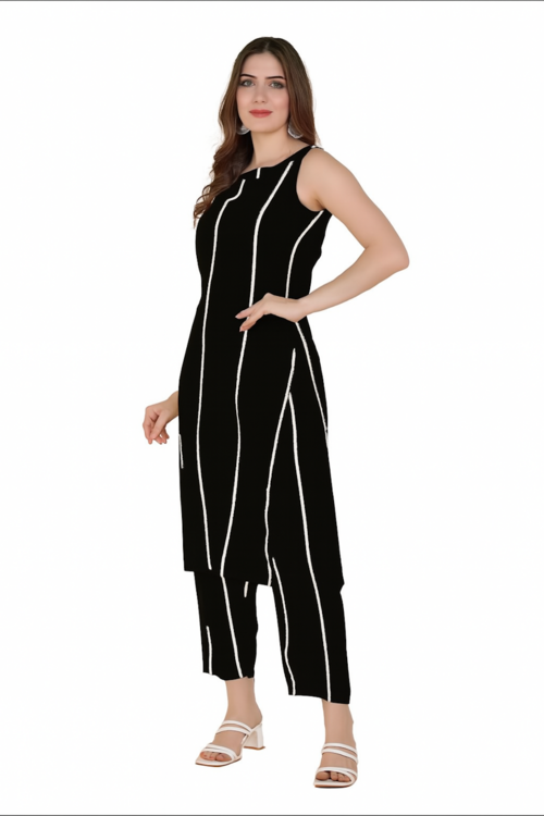 Sleek Black Pinstripe Kurta and Trousers (Size-XS)
