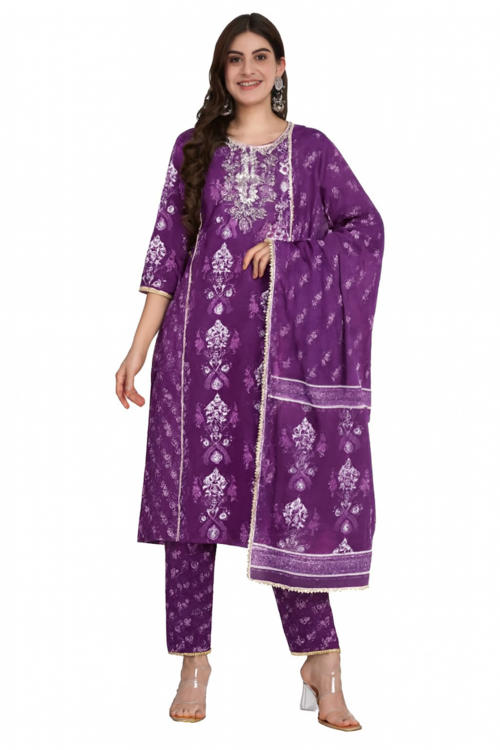 Royal Purple Printed Kurta Set with Lace Trim (Size-XS)