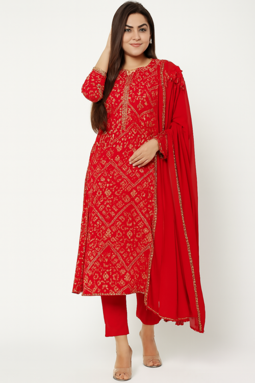 Vibrant Red and Gold Printed Kurta set (Size-M)